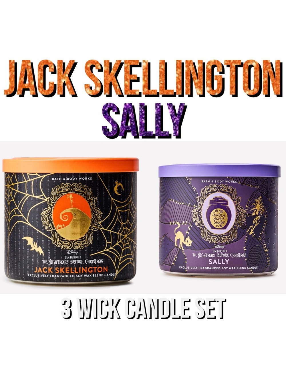 BBW THE NIGHT BEFORE CHRISTMAS JACK SKELLINGTON + SALLY 3 wick candle set